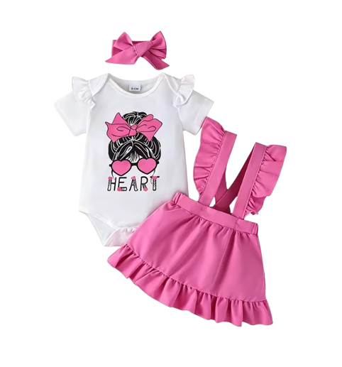 The Tiana - Newborn Baby Girl Heart Print Outfit Dress and Headband Set 3PCS