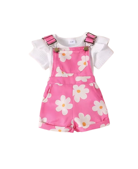 The Emelia - Baby Girl 2PCS Floral Overall Pants with Short Sleeve Hoodie Outfit
