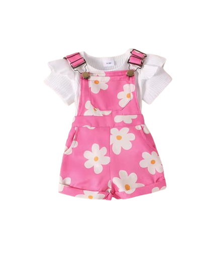 The Emelia - Baby Girl 2PCS Floral Overall Pants with Short Sleeve Hoodie Outfit
