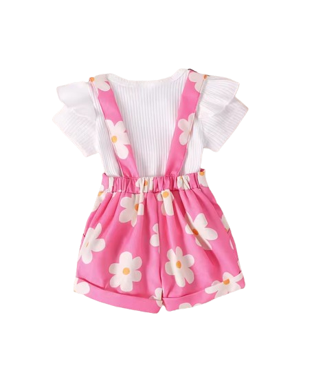 The Emelia - Baby Girl 2PCS Floral Overall Pants with Short Sleeve Hoodie Outfit