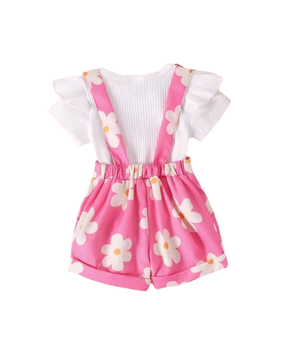 The Emelia - Baby Girl 2PCS Floral Overall Pants with Short Sleeve Hoodie Outfit