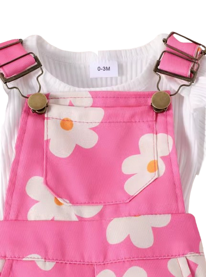 The Emelia - Baby Girl 2PCS Floral Overall Pants with Short Sleeve Hoodie Outfit