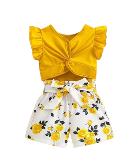 The Marina - Girls Ruffle Sleeveless Bow Top & Printed Shorts Set Summer Outfit