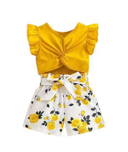 The Marina - Girls Ruffle Sleeveless Bow Top & Printed Shorts Set Summer Outfit