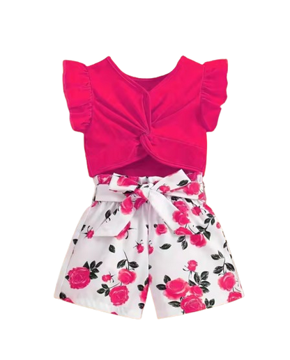 The Marina - Girls Ruffle Sleeveless Bow Top & Printed Shorts Set Summer Outfit