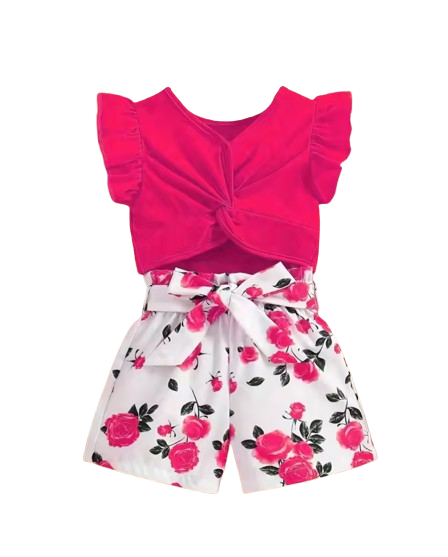 The Marina - Girls Ruffle Sleeveless Bow Top & Printed Shorts Set Summer Outfit