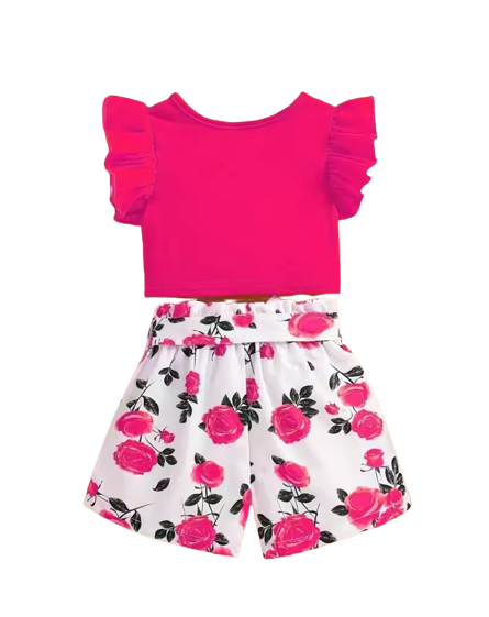 The Marina - Girls Ruffle Sleeveless Bow Top & Printed Shorts Set Summer Outfit