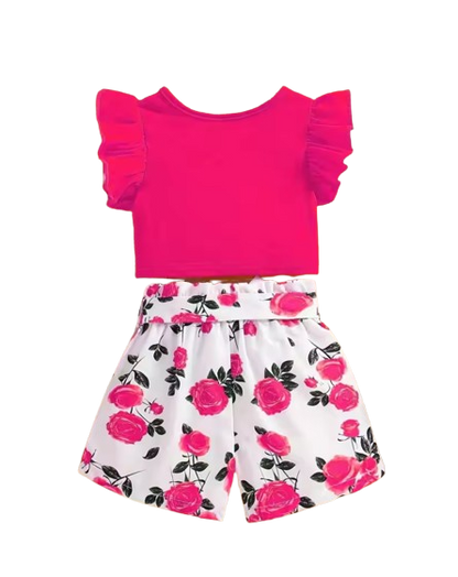 The Marina - Girls Ruffle Sleeveless Bow Top & Printed Shorts Set Summer Outfit