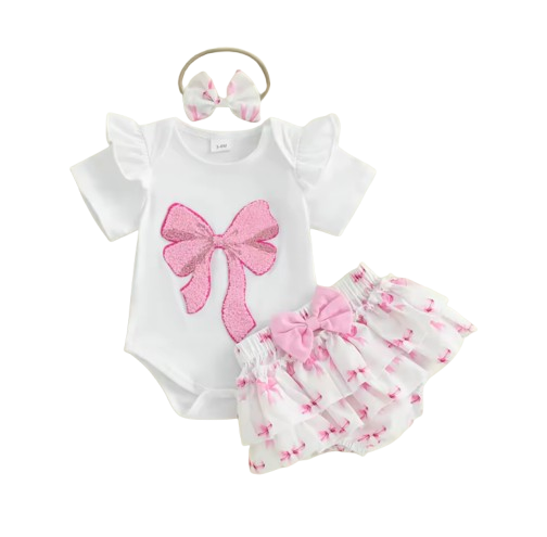 The Aliana - Baby Girl 3PCS Bow Embroidered Romper Shorts & Headband Outfit Set