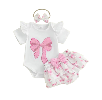 The Aliana - Baby Girl 3PCS Bow Embroidered Romper Shorts & Headband Outfit Set