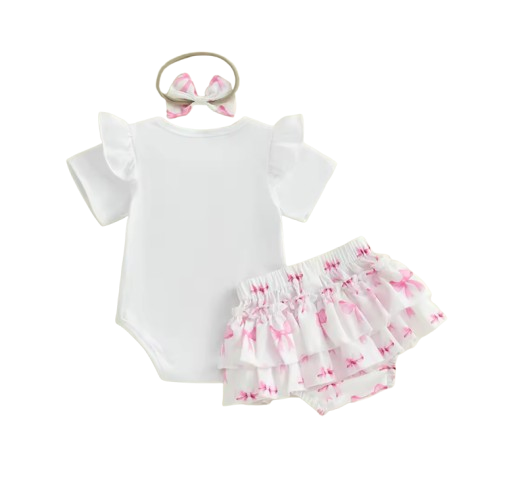 The Aliana - Baby Girl 3PCS Bow Embroidered Romper Shorts & Headband Outfit Set