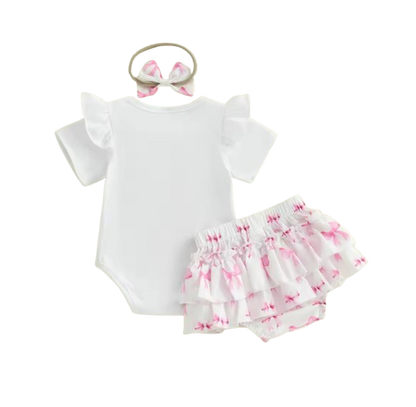 The Aliana - Baby Girl 3PCS Bow Embroidered Romper Shorts & Headband Outfit Set