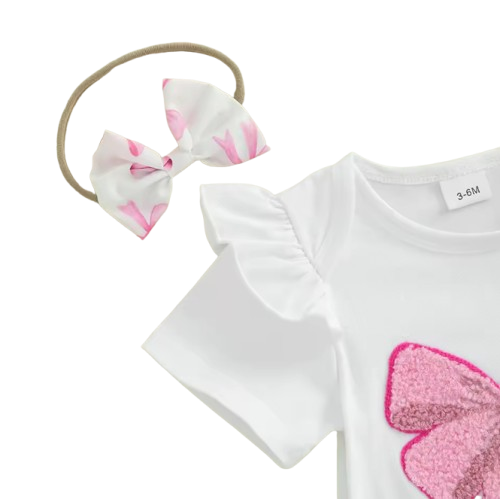 The Aliana - Baby Girl 3PCS Bow Embroidered Romper Shorts & Headband Outfit Set
