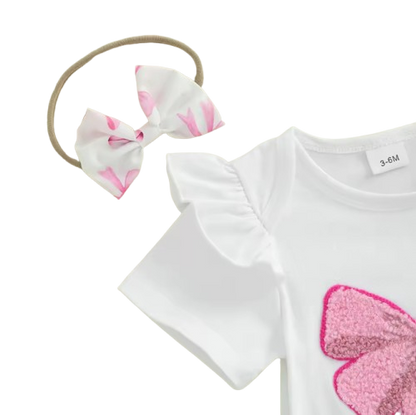 The Aliana - Baby Girl 3PCS Bow Embroidered Romper Shorts & Headband Outfit Set
