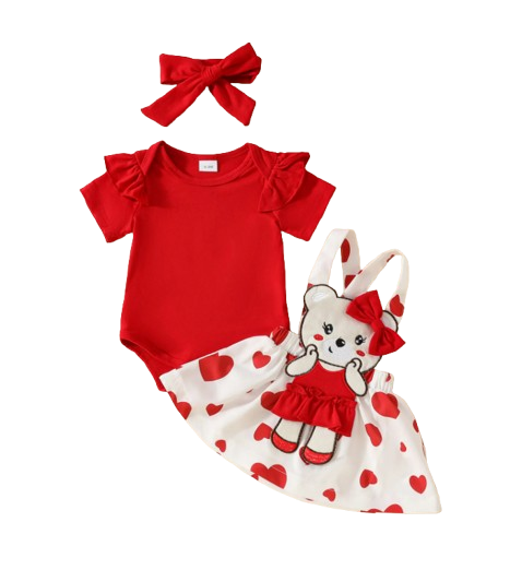 The Alejandra - Baby Girl Cartoon Bear Heart Dress with Red Bodysuit Summer Outfit