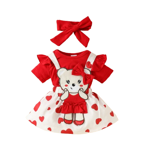 The Alejandra - Baby Girl Cartoon Bear Heart Dress with Red Bodysuit Summer Outfit