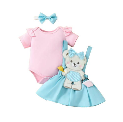 The Alejandra - Baby Girl Cartoon Bear Heart Dress with Red Bodysuit Summer Outfit