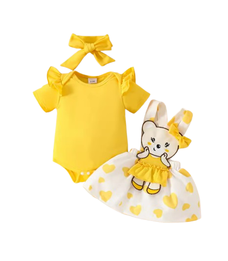 The Alejandra - Baby Girl Cartoon Bear Heart Dress with Red Bodysuit Summer Outfit