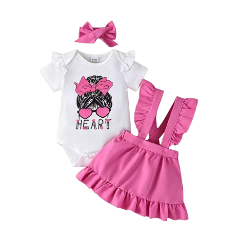 The Brinley - Baby Girl Heart Print Romper Pink Suspender Dress Headband Set