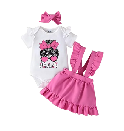 The Brinley - Baby Girl Heart Print Romper Pink Suspender Dress Headband Set