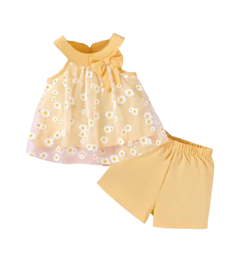 The Rosalia - Baby Girl 2PCS Daisy Mesh Off Shoulder Top & Shorts Summer Outfit