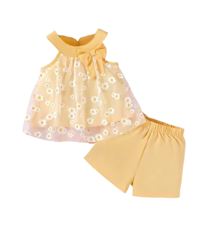 The Rosalia - Baby Girl 2PCS Daisy Mesh Off Shoulder Top & Shorts Summer Outfit