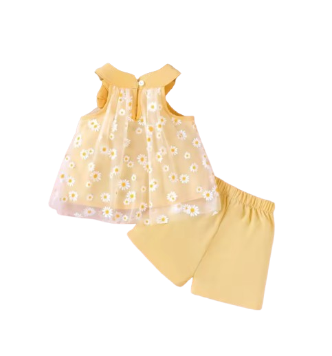 The Rosalia - Baby Girl 2PCS Daisy Mesh Off Shoulder Top & Shorts Summer Outfit