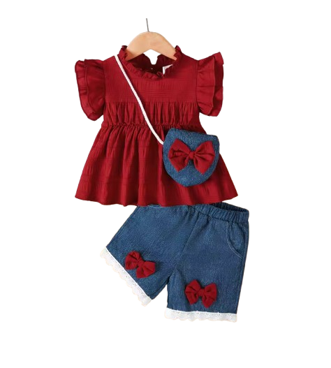 The Siena - Baby Girl 3PCS Ruffle Sleeve Top Blue Shorts & Mini Bag Summer Outfit