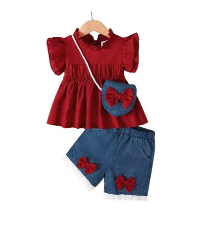 The Siena - Baby Girl 3PCS Ruffle Sleeve Top Blue Shorts & Mini Bag Summer Outfit