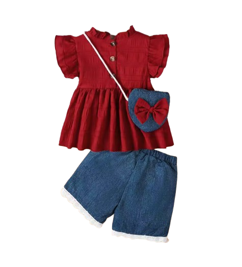 The Siena - Baby Girl 3PCS Ruffle Sleeve Top Blue Shorts & Mini Bag Summer Outfit