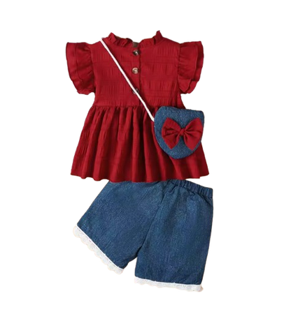 The Siena - Baby Girl 3PCS Ruffle Sleeve Top Blue Shorts & Mini Bag Summer Outfit