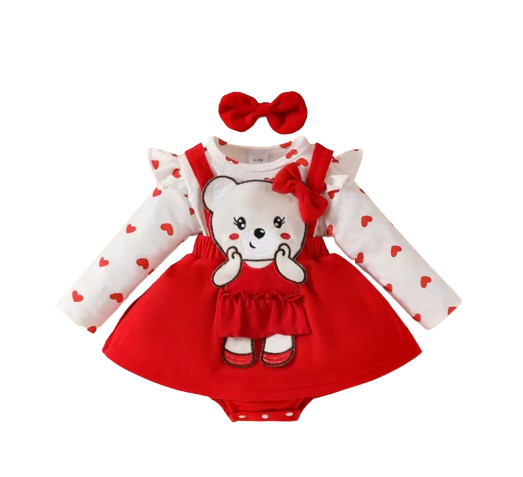 The Leyla - Baby Girl 2PCS Heart Print Romper & Headband Animal Embroidery Outfit