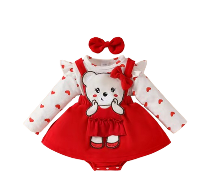 The Leyla - Baby Girl 2PCS Heart Print Romper & Headband Animal Embroidery Outfit