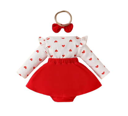 The Leyla - Baby Girl 2PCS Heart Print Romper & Headband Animal Embroidery Outfit