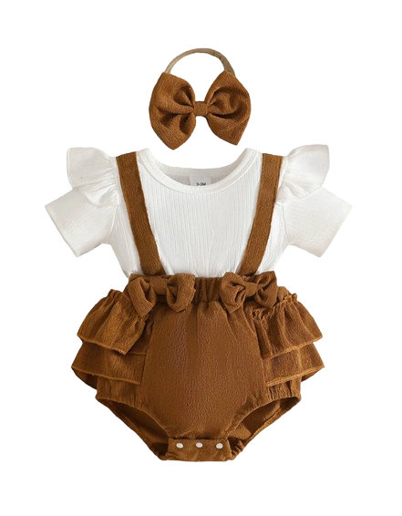 The Khloe - Baby Girl Brown Ruffle Long Sleeve Plaid Romper & Headband