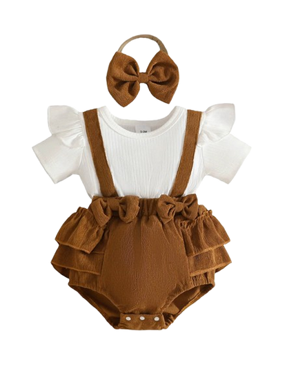 The Khloe - Baby Girl Brown Ruffle Long Sleeve Plaid Romper & Headband