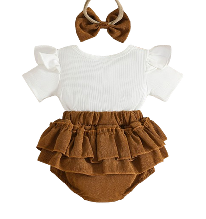 The Khloe - Baby Girl Brown Ruffle Long Sleeve Plaid Romper & Headband