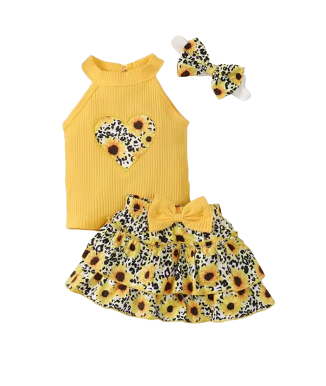 The Estrella - Baby Girl 3PCS Heart Print Top Skirt & Headband Summer Outfit Set