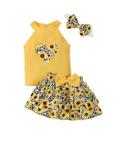 The Estrella - Baby Girl 3PCS Heart Print Top Skirt & Headband Summer Outfit Set
