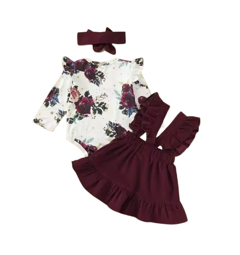 The Sierra - Baby Girl 3PCS Floral Bodysuit Suspender Skirt & Headband Outfit Set