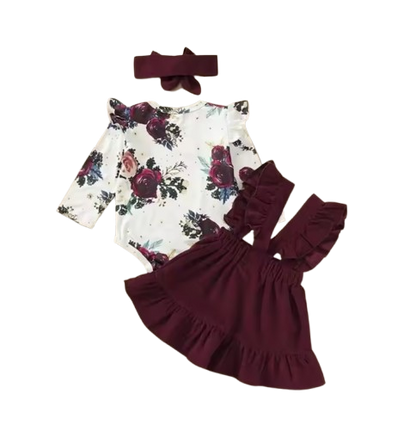 The Sierra - Baby Girl 3PCS Floral Bodysuit Suspender Skirt & Headband Outfit Set