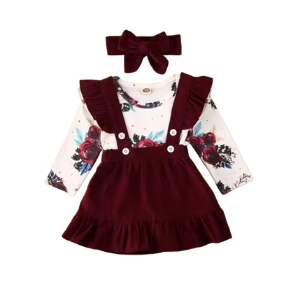 The Sierra - Baby Girl 3PCS Floral Bodysuit Suspender Skirt & Headband Outfit Set