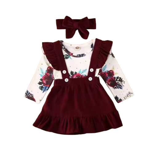 The Sierra - Baby Girl 3PCS Floral Bodysuit Suspender Skirt & Headband Outfit Set