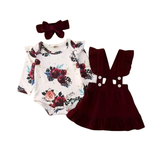 The Sierra - Baby Girl 3PCS Floral Bodysuit Suspender Skirt & Headband Outfit Set