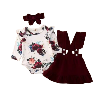 The Sierra - Baby Girl 3PCS Floral Bodysuit Suspender Skirt & Headband Outfit Set