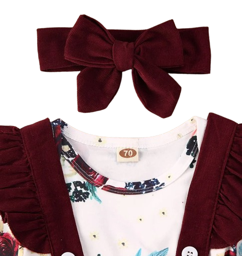 The Sierra - Baby Girl 3PCS Floral Bodysuit Suspender Skirt & Headband Outfit Set