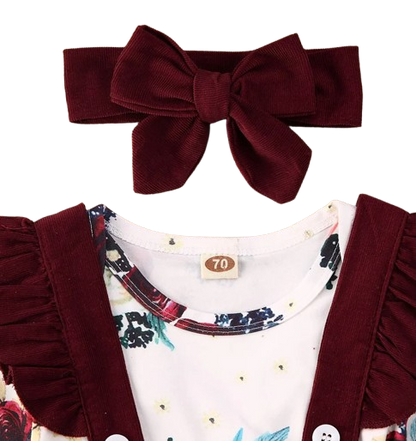 The Sierra - Baby Girl 3PCS Floral Bodysuit Suspender Skirt & Headband Outfit Set