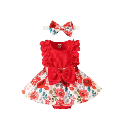 The Marie - Newborn Baby Girl Floral Print Lace Romper with Headband Summer Outfit