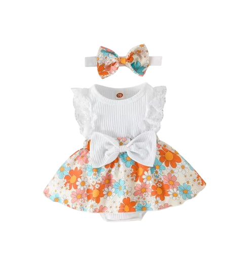The Marie - Newborn Baby Girl Floral Print Lace Romper with Headband Summer Outfit