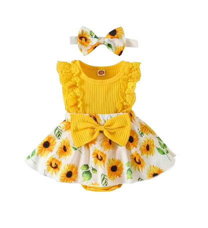 The Marie - Newborn Baby Girl Floral Print Lace Romper with Headband Summer Outfit